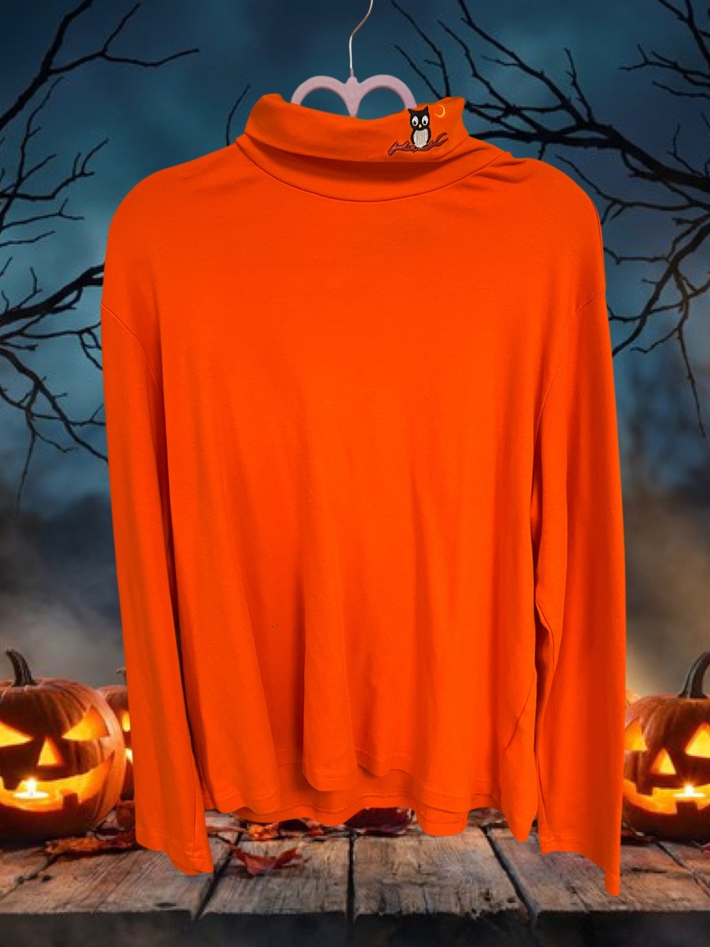 Vintage Holiday Editions orange turtleneck shirt with Halloween owl